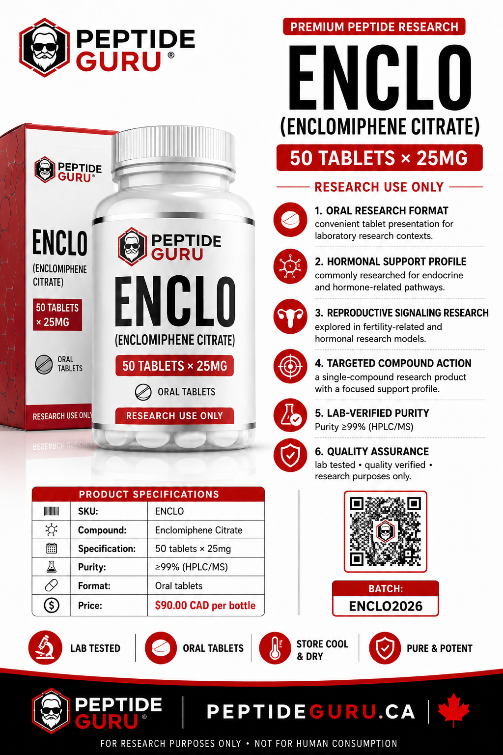 Enclomiphene Tablets — labelled vial of Enclomiphene Citrate, 50 tablets × 25mg, for laboratory research use only