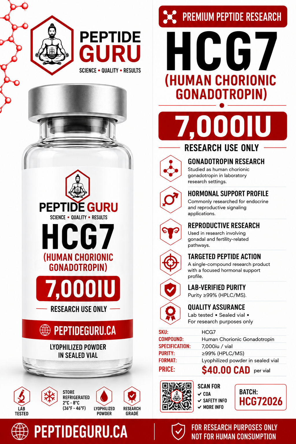hCG 7,000iu — labelled vial of Human Chorionic Gonadotropin, 7,000iu / vial, for laboratory research use only