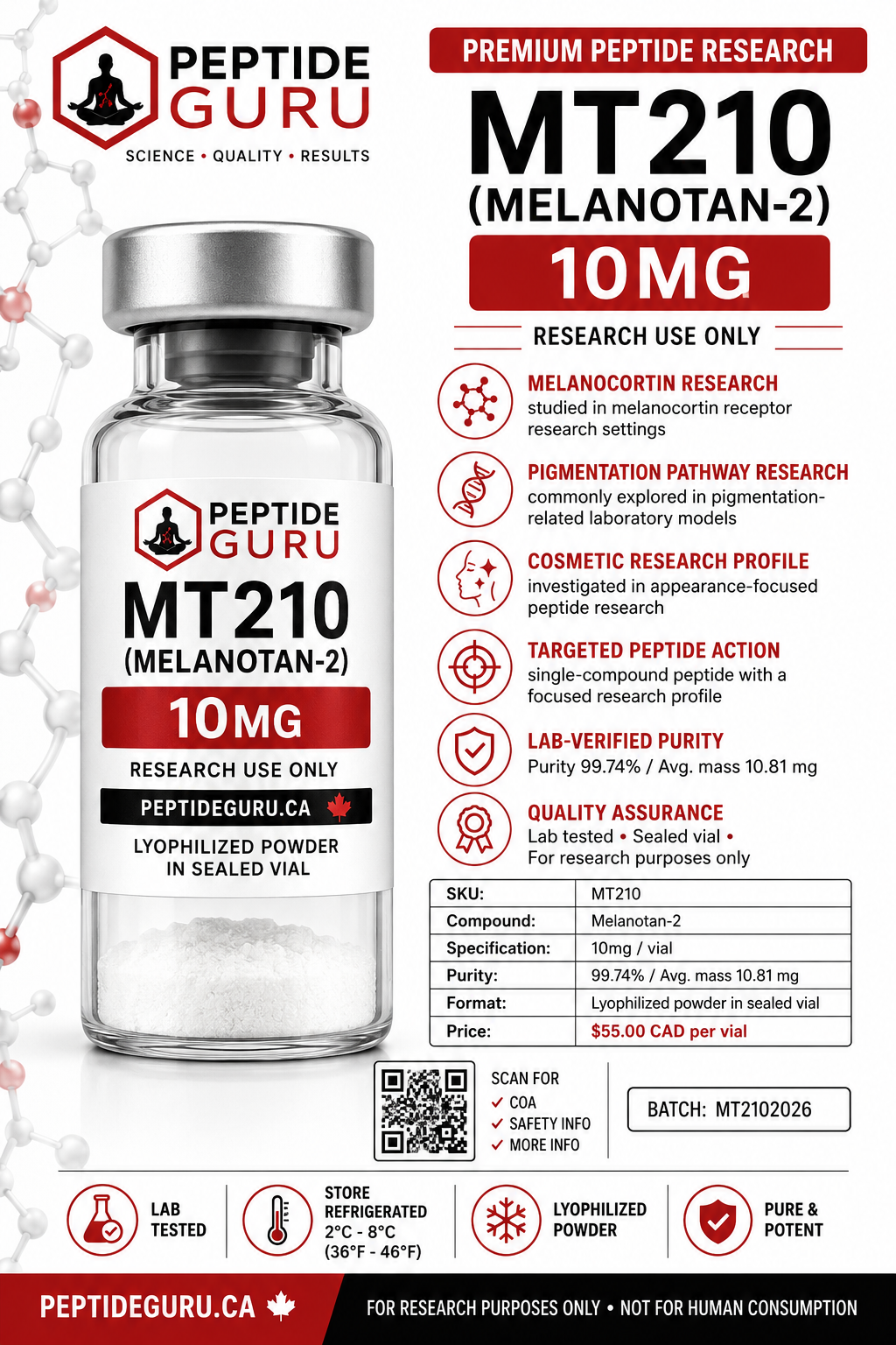 Melanotan-2 10mg — labelled vial of Melanotan-2, 10mg / vial, for laboratory research use only